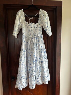 Hill House White Midi Dress with Blue Floral Print